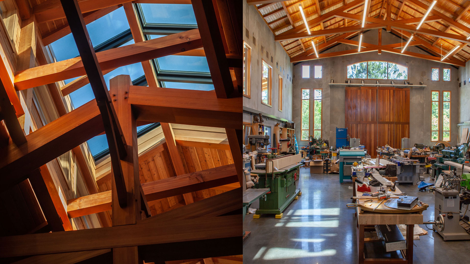 Double image, looking up at the wooden truss with skylight above, and interior of shop with assorted tools.