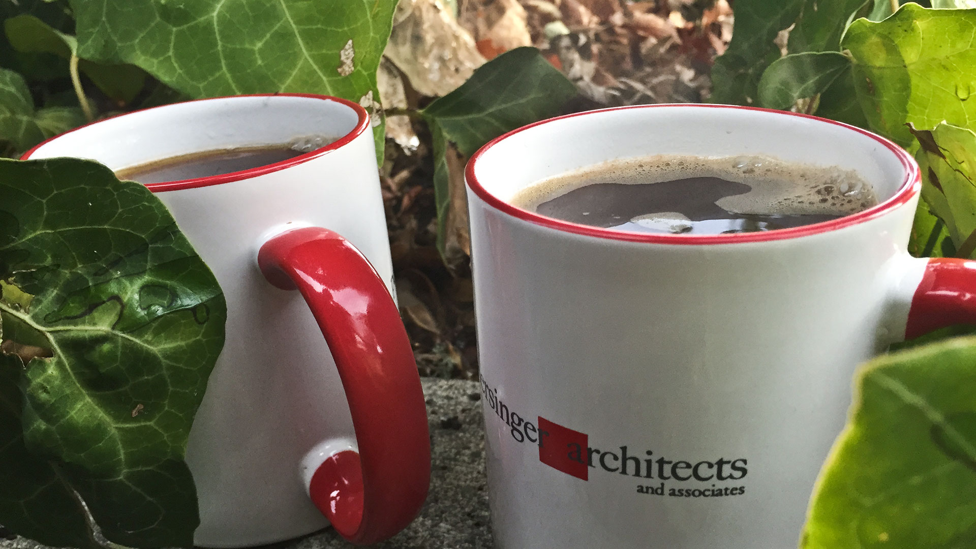 Pair of iconic Persinger mugs surrounded by forest leaves
