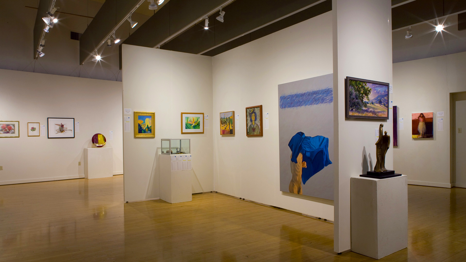 Art gallery area, with movable walls current displaying art and hanging baffles above for noise reduction