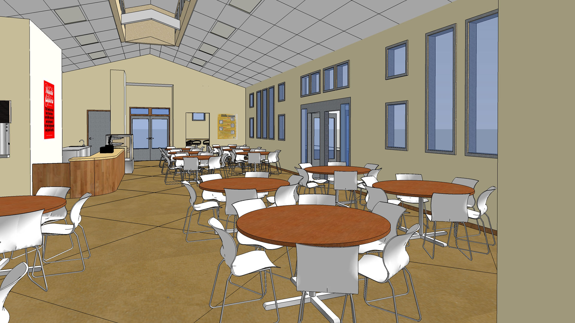 Rendering of cafeteria interior, greatly resembling the final built building.