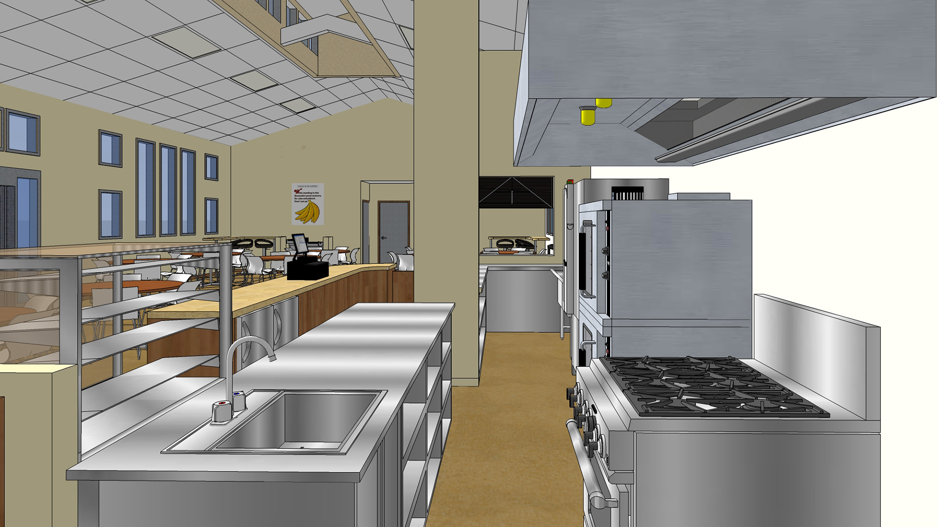 Rendering of cafeteria interior, highlighting on the kitchen equipment and serving area.