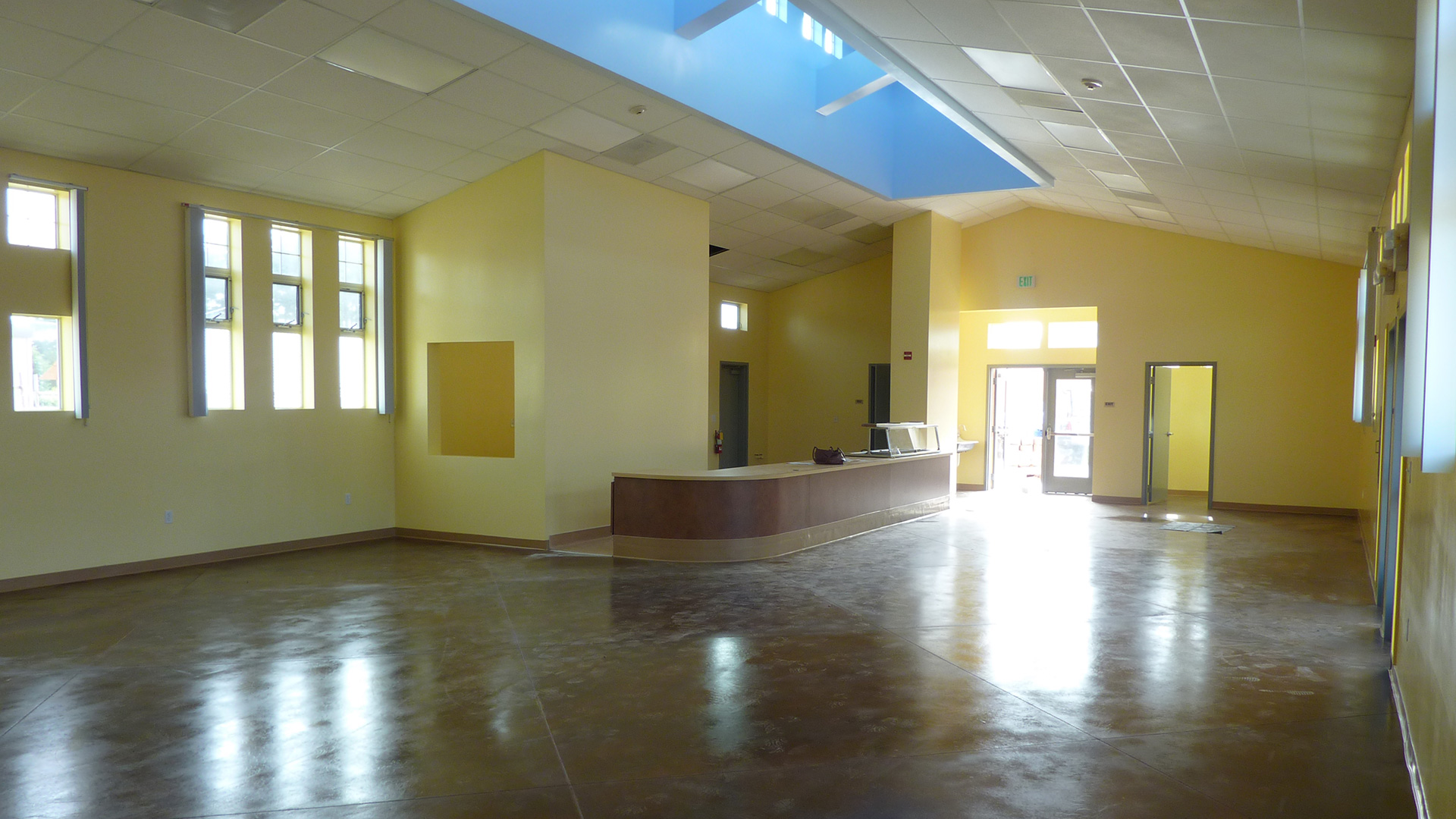 Interior of cafeteria before being furnished with seating or kitchen equipment.
