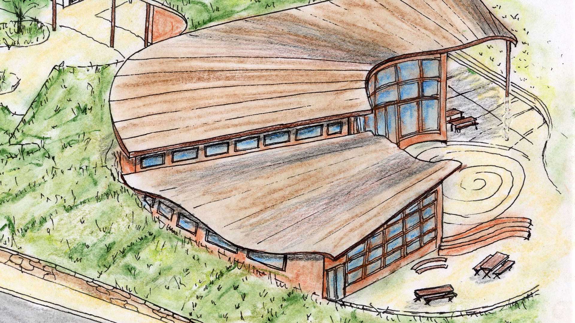 Conceptual art drawing of school exterior, closely resembling finished building with orange walls and curved features.