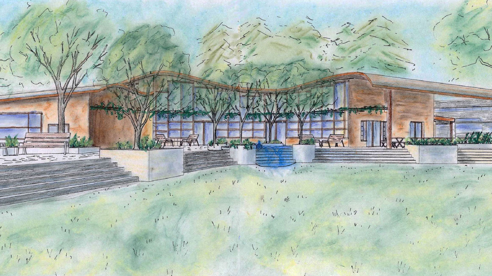 Conceptual art drawing of school exterior, closely resembling finished building with orange walls and curved features.