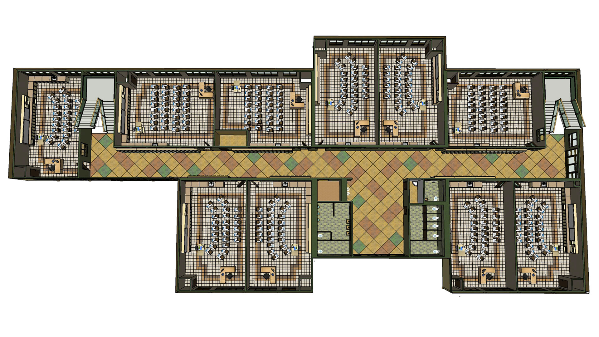 Rendering of floor plan of classroom wing, with several classrooms of different sizes, and restroom areas.