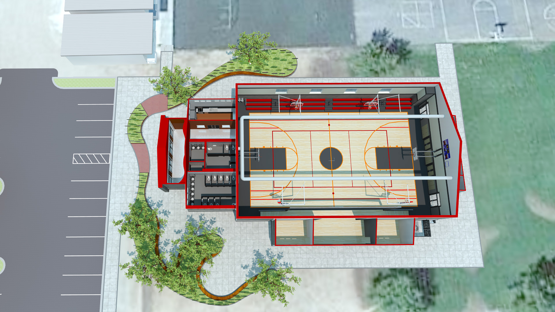Rendering of gym floor plan, showing the artsy landscaping concept that curved around the entrance.