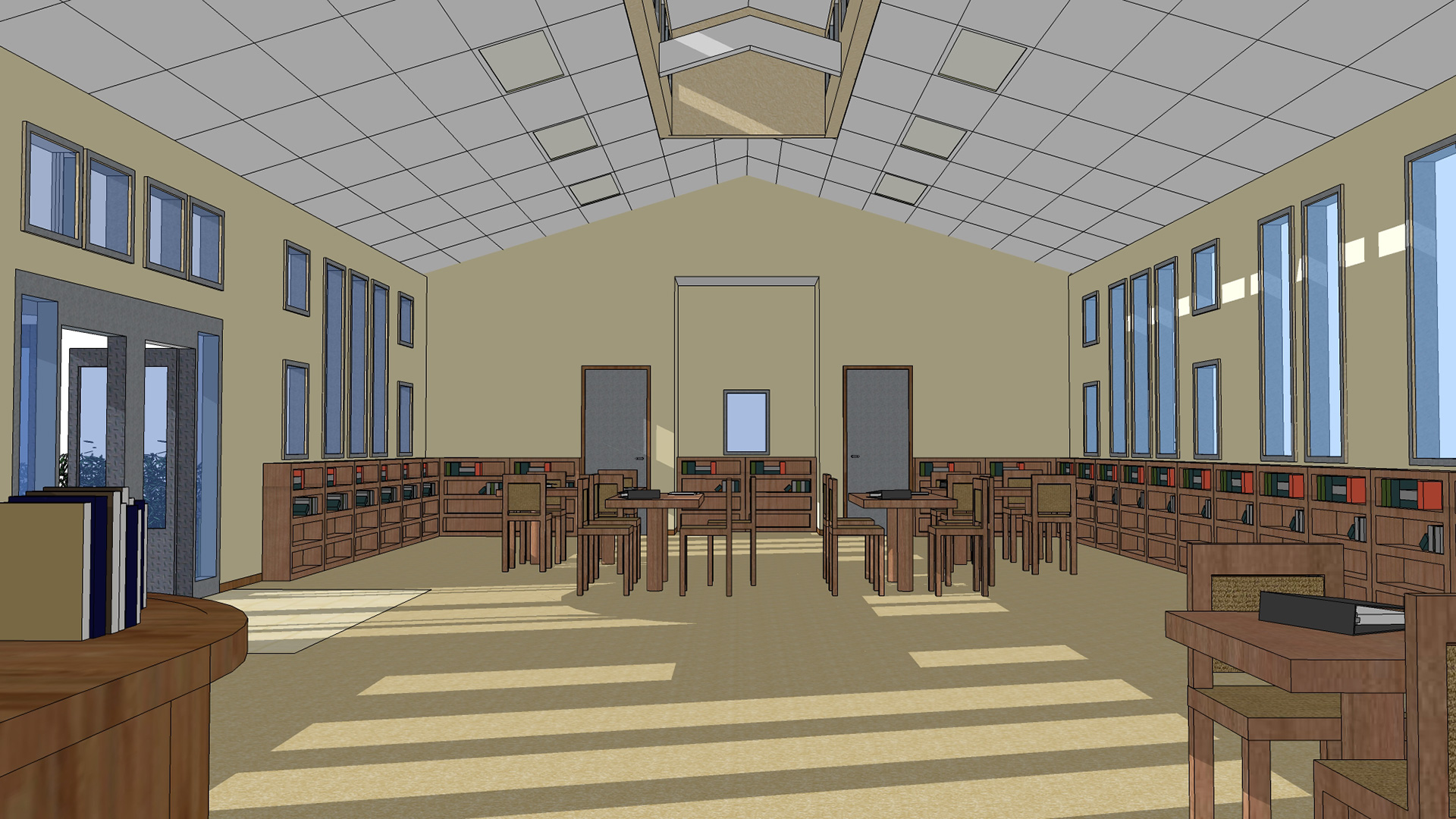 Rendering of library interior, showing wooden tables and chairs, closely representing the finished build.