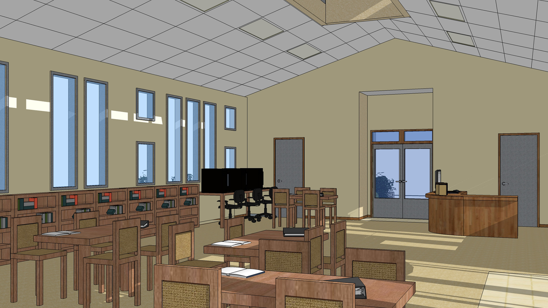 Rendering of library interior, showing wooden tables and chairs, closely representing the finished build.