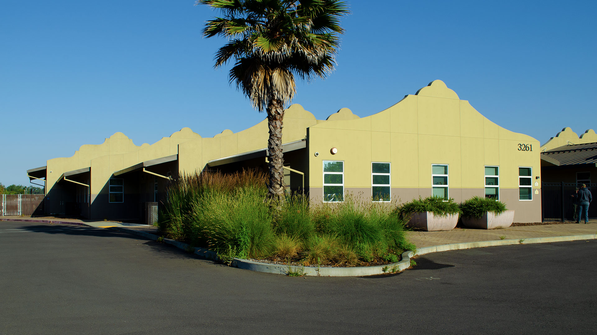 Entrance of school, with mission-style rooflines, beige walls, and gray wainscot. Bushes and palm tree landscaping.