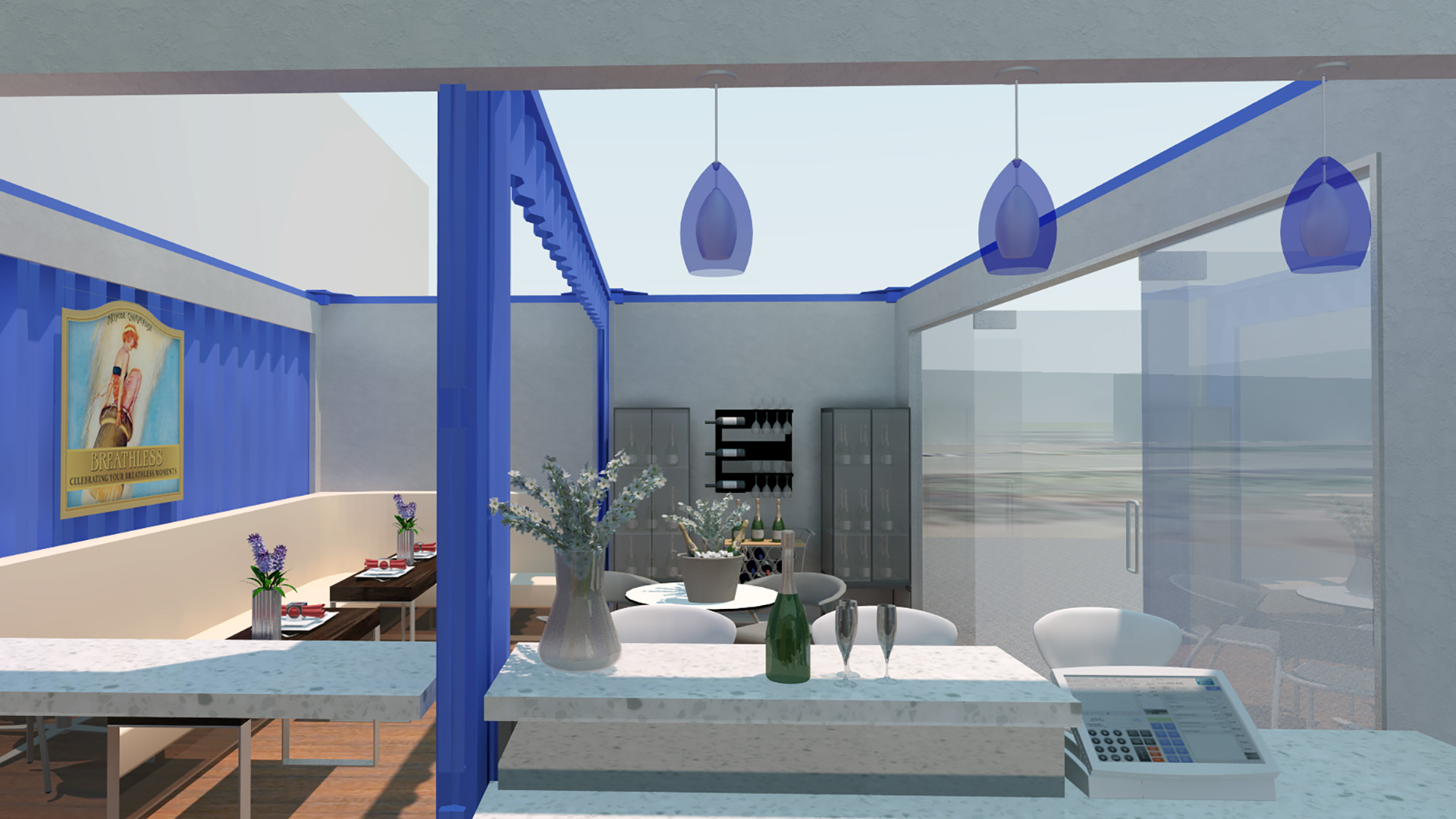 Rendering of interior of tasting room, with raw shipping container walls and blue pendent lights..