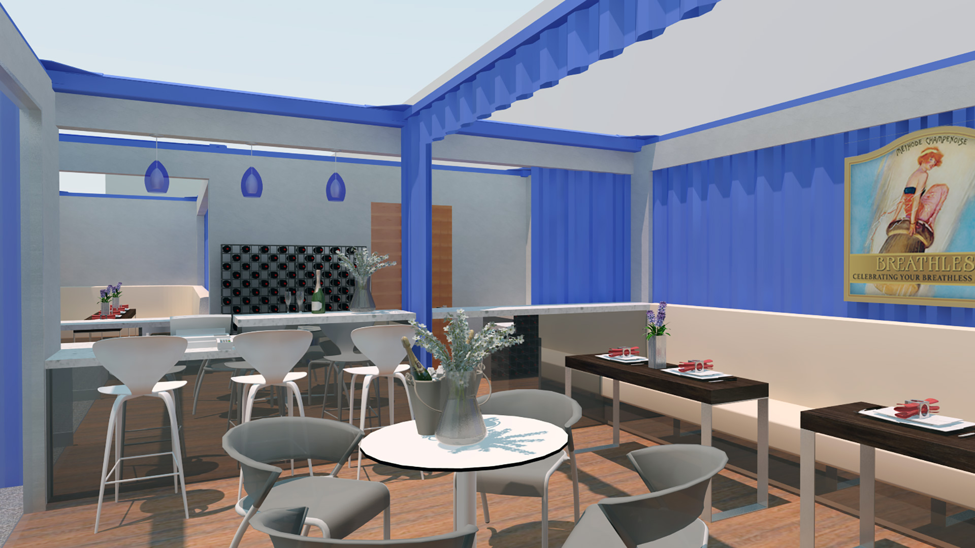 Rendering of interior of tasting room, with raw shipping container walls and seating areas.