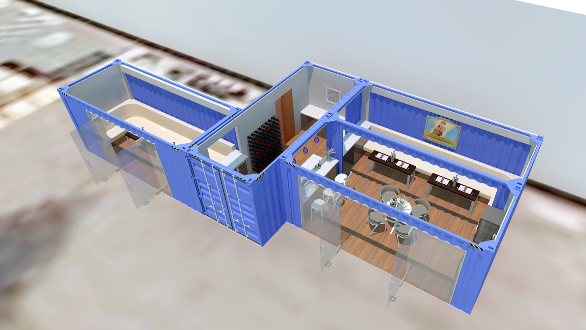 Rendering of shipping container tasting room layout, with various seating areas and serving counters, located within 3 connected containers.