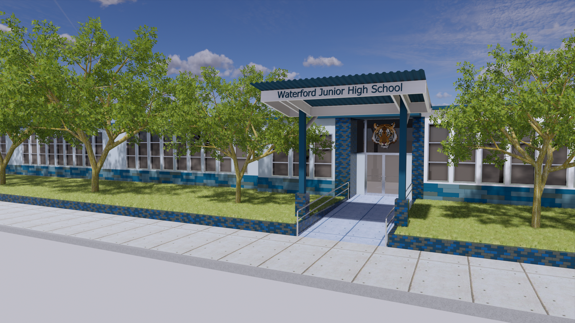 Render of Waterford Junior High School front facade, with tiled blue curb and wainscot