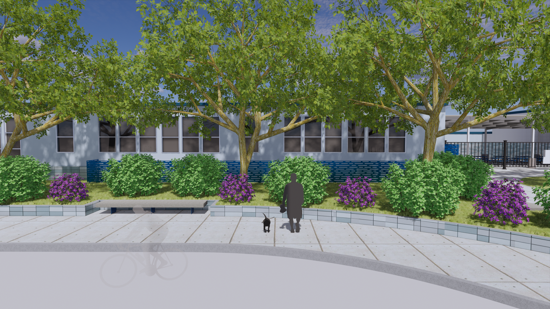 Render of Waterford Junior High School front facade, highlighting landscaping and metal panel walls.