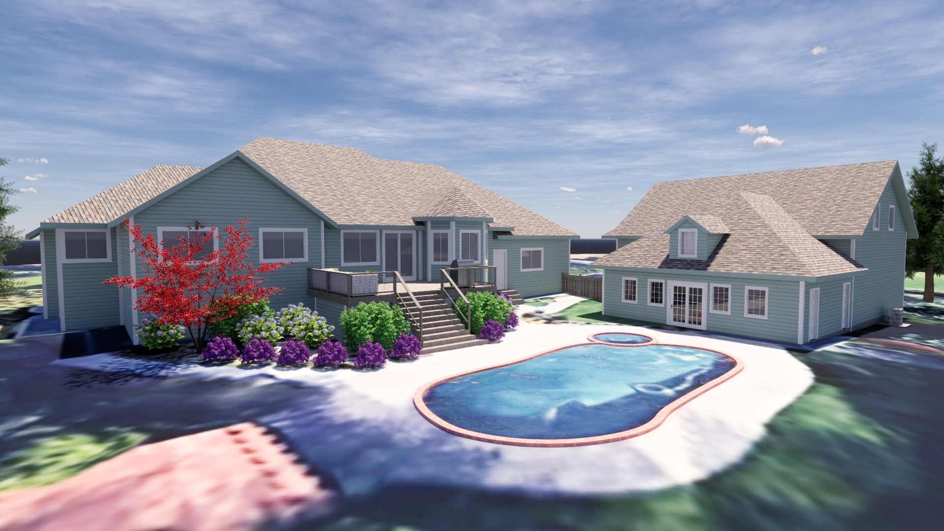 Render of a residential project, with a pool, desk, and garage.