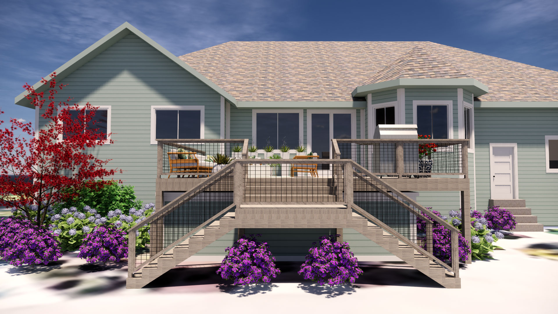 Front of deck option highlighting bifurcated stairway. Wine cellar area seen beneath deck