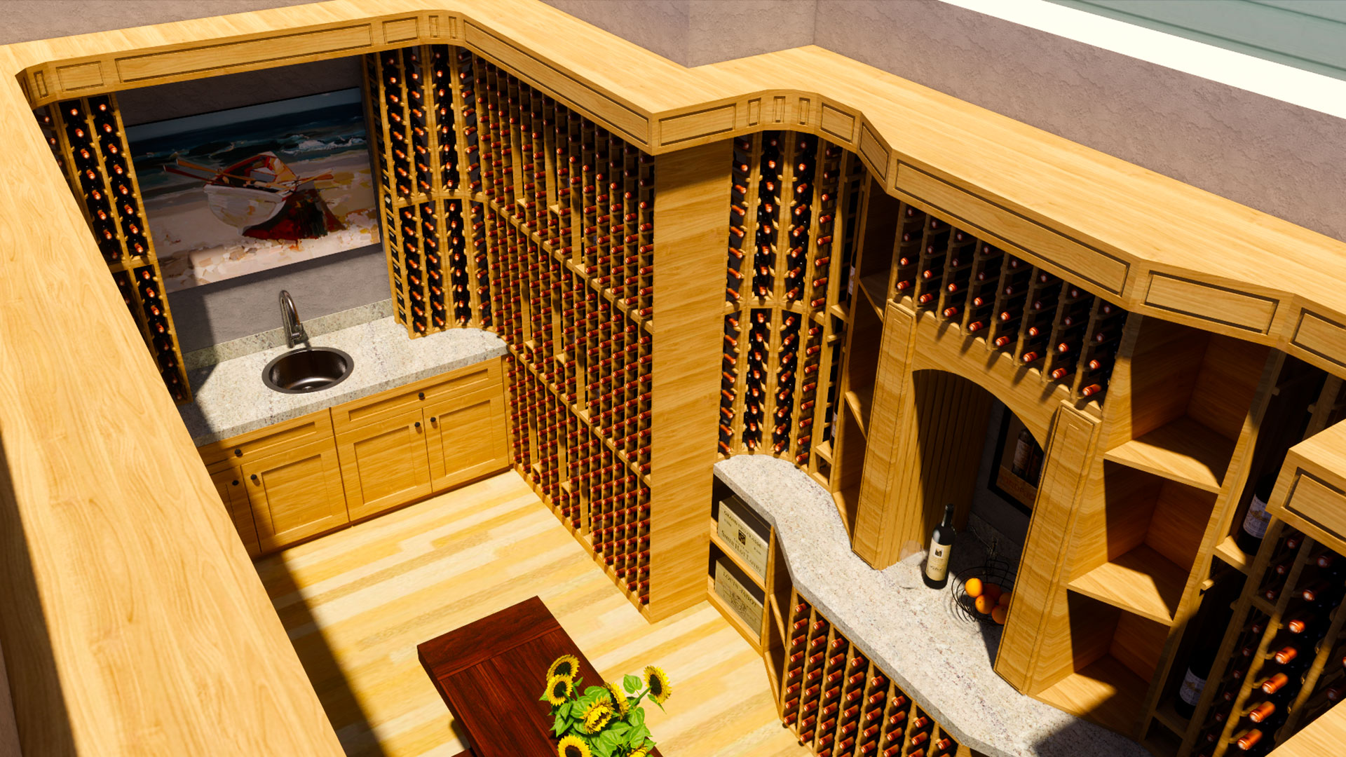 View of custom wine cellar, curved walls full of slots for wine storage. Granite countertops for serving and displaying