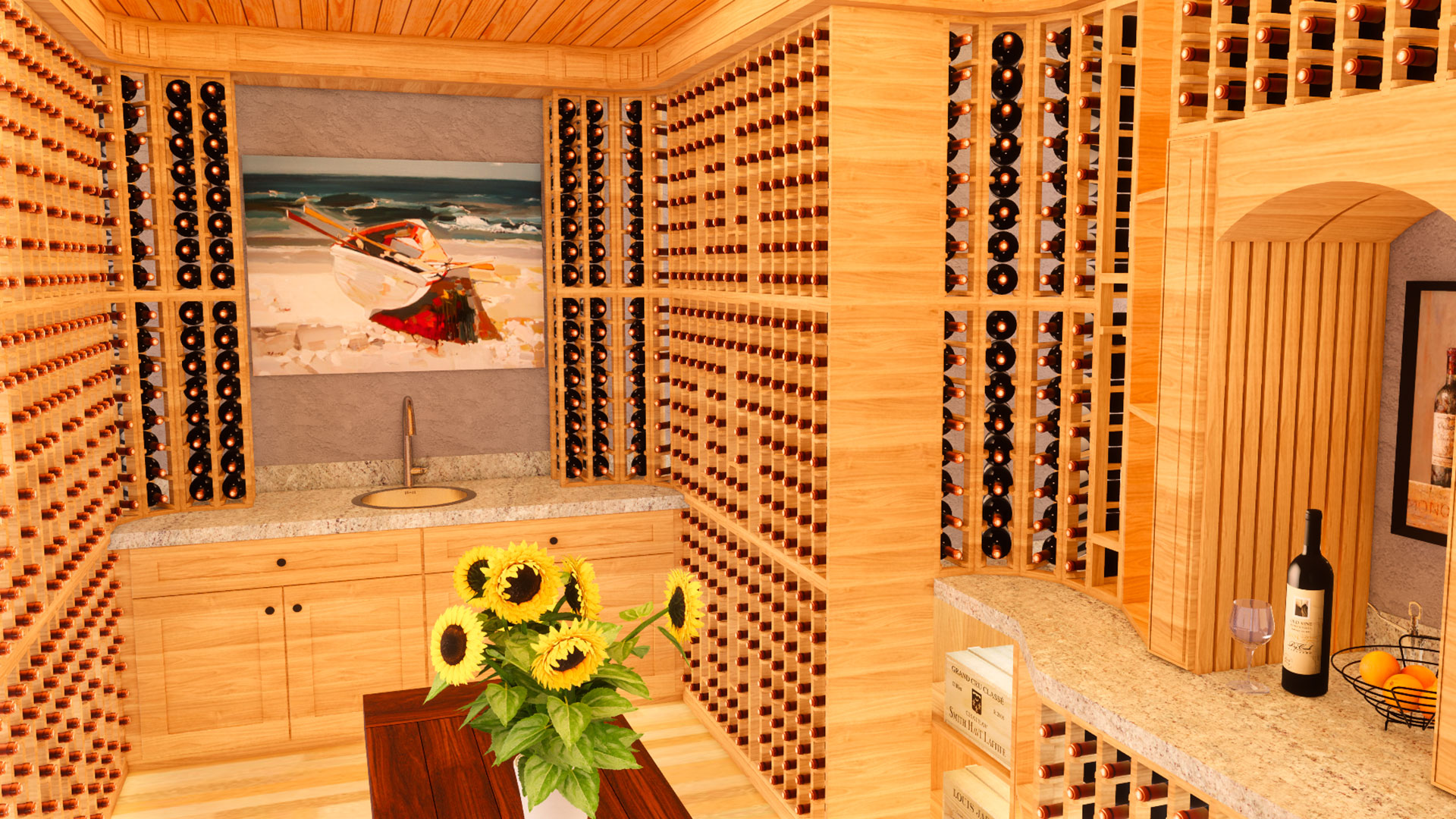 Under-deck wine storage with lots of options for storage, looking at back wall with painting above sink area