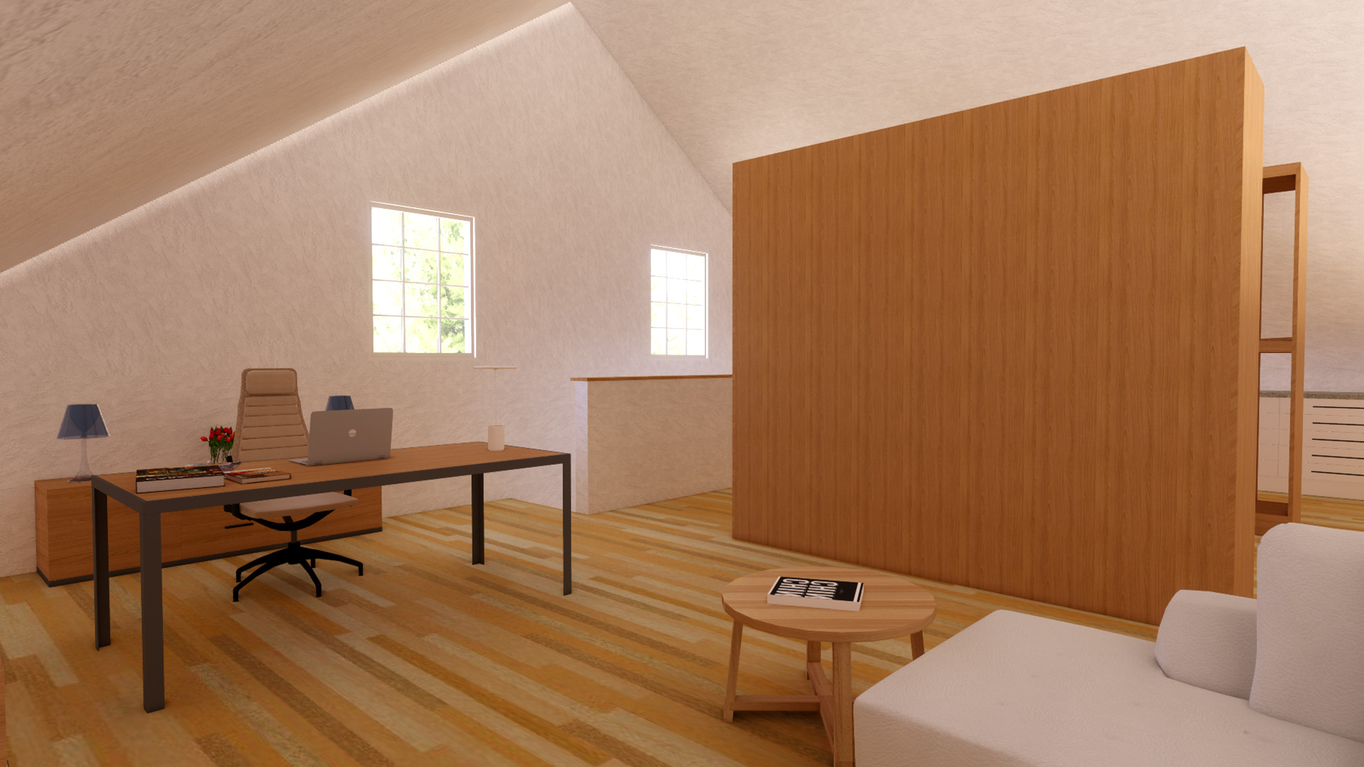 Office space above garage, windows bringing in light to white walls and wooden floors