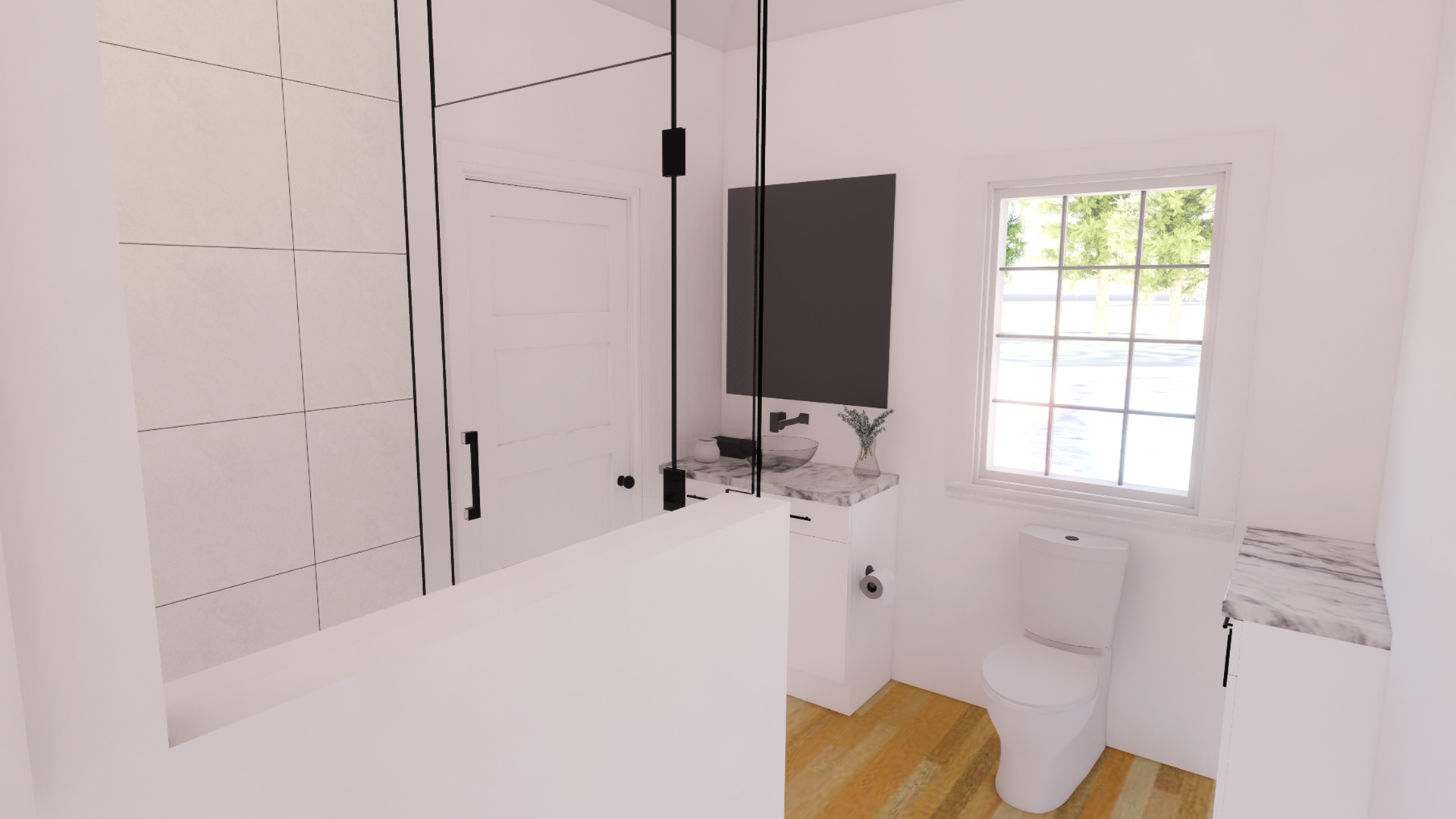 New bathroom, with bright white tile and glass shower walls and door