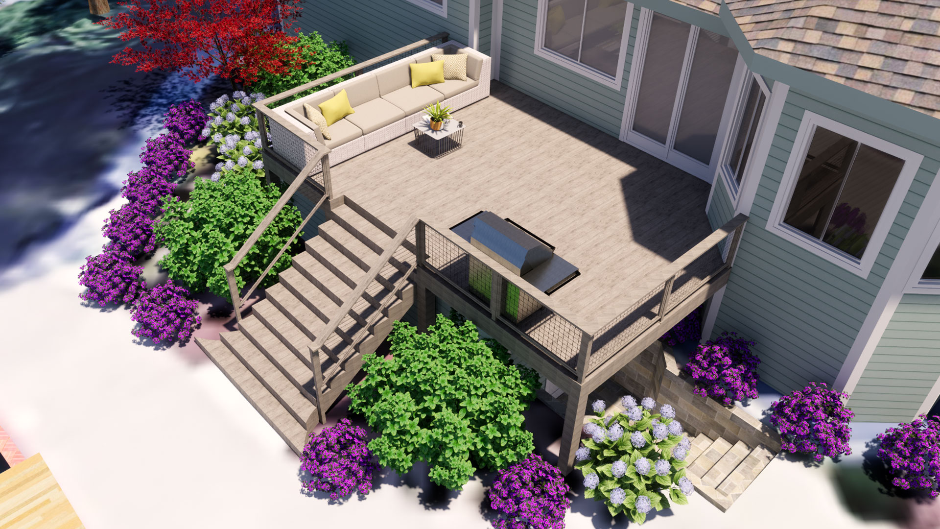 Render of outdoor deck option, with seating area and BBQ