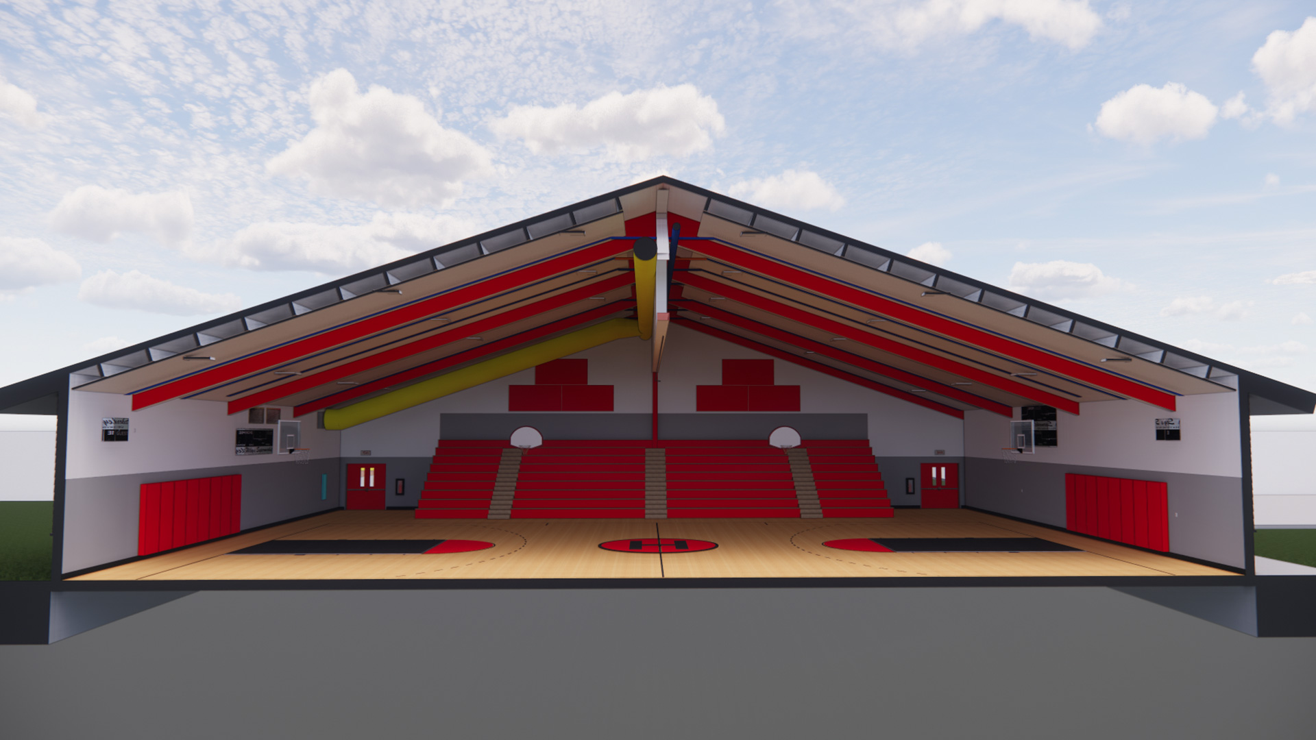 Rendering of new gym interior, with red bleachers and roof supports, and basketball court.