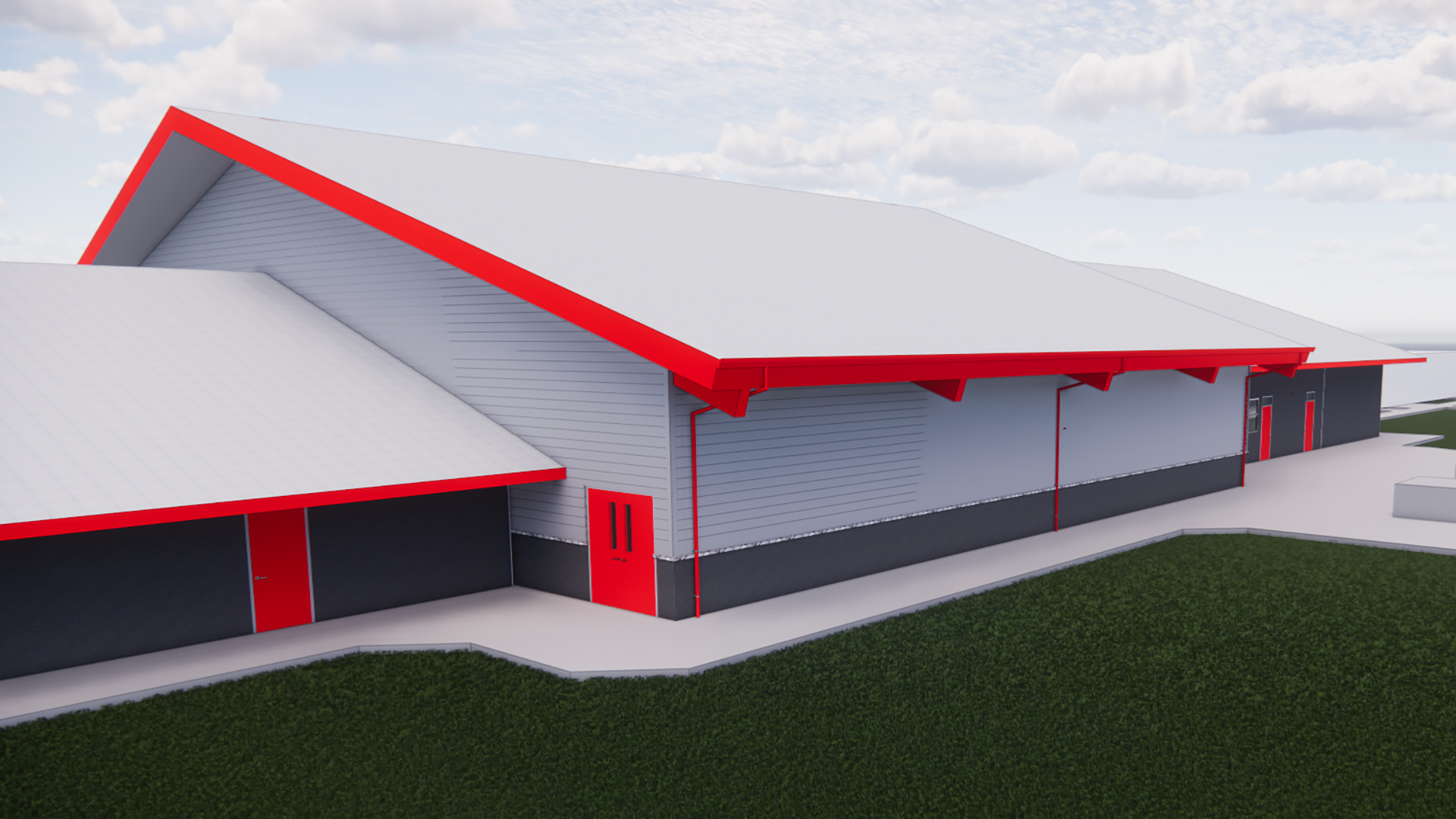 Rendering of gym exterior, with white paneled walls, gray wainscot, and red details.