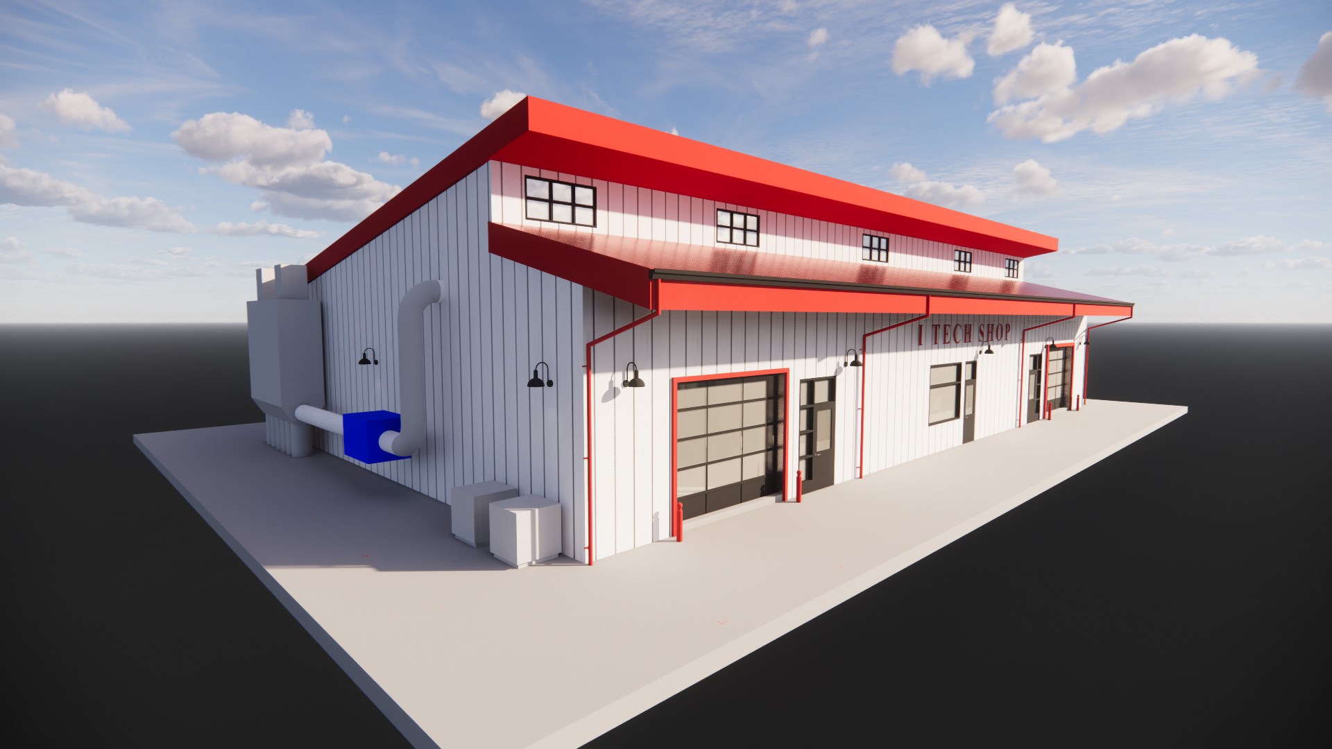 Conceptual rendering of shop building, white walls and bright red roof.