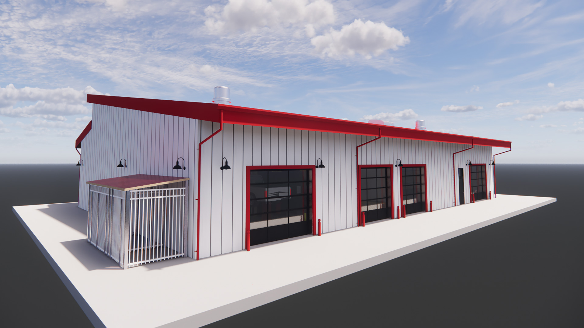 Rendering of back of shop building, white walls and bright red roof.