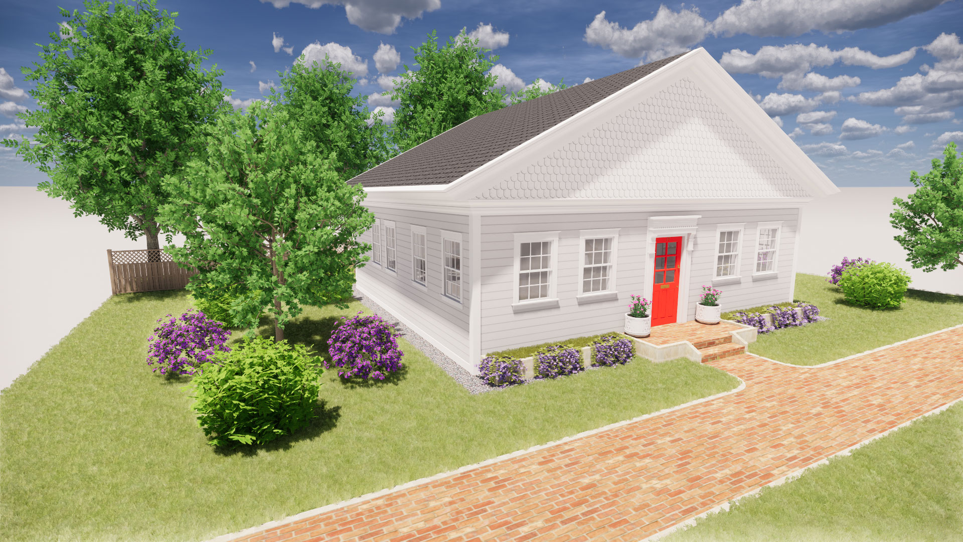 Exterior render of white colonial style houses with a red door and many windows. Flowers and bushes around.