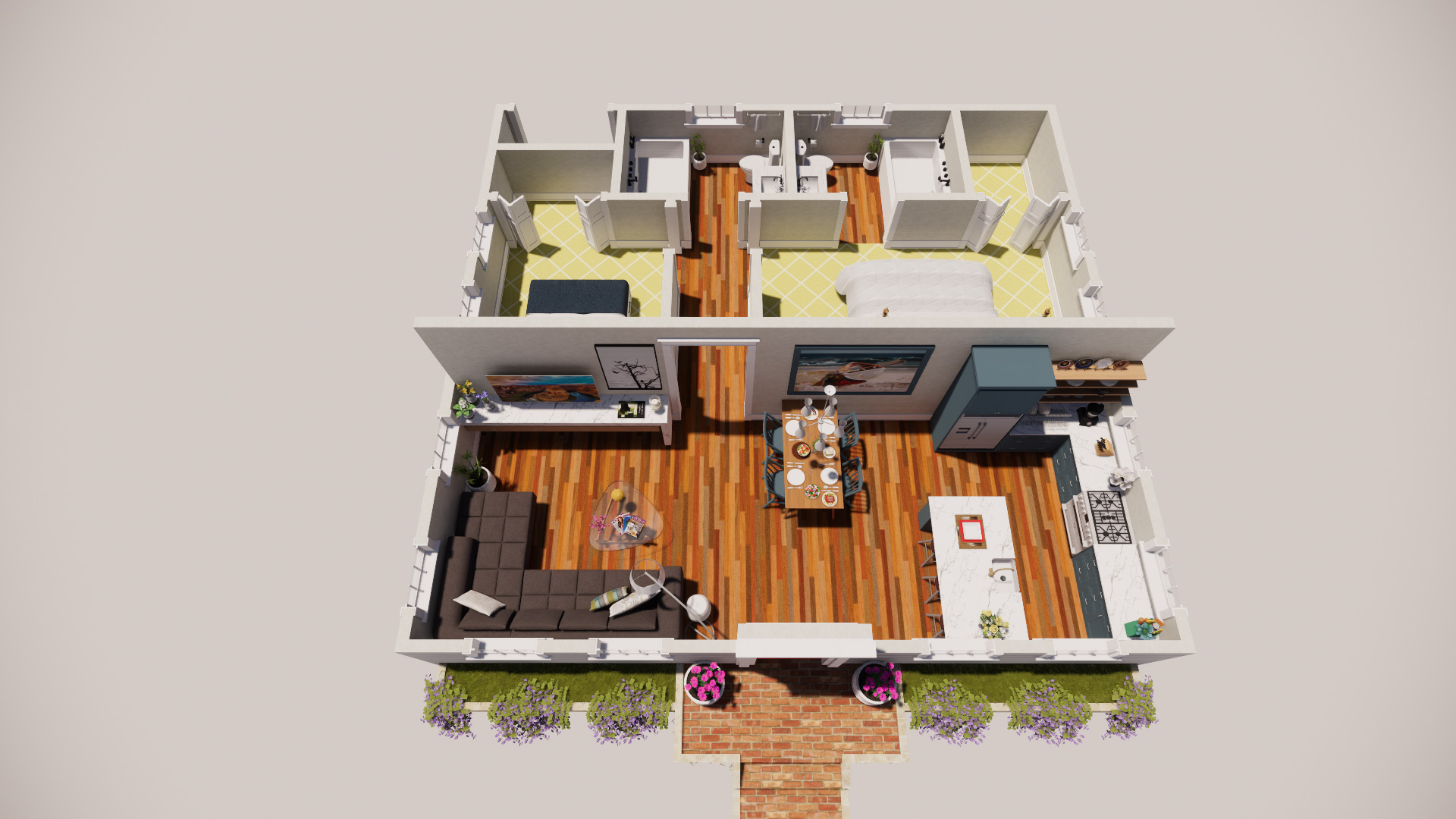 Floorplan of house, with kitchen and living area in foreground and two bedrooms and bathrooms in back.