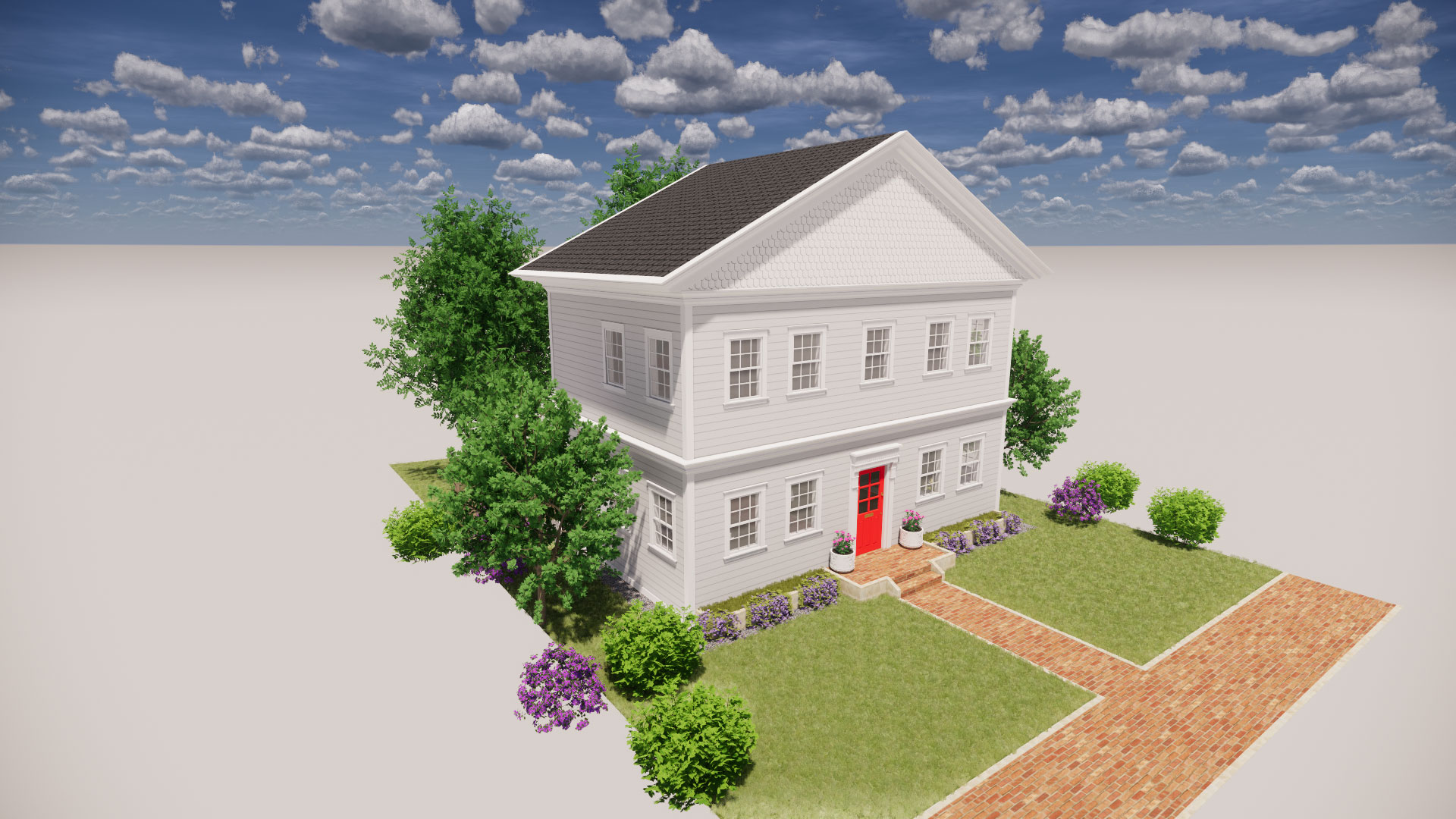 Render of two story style for colonial home, with red front door and many windows.