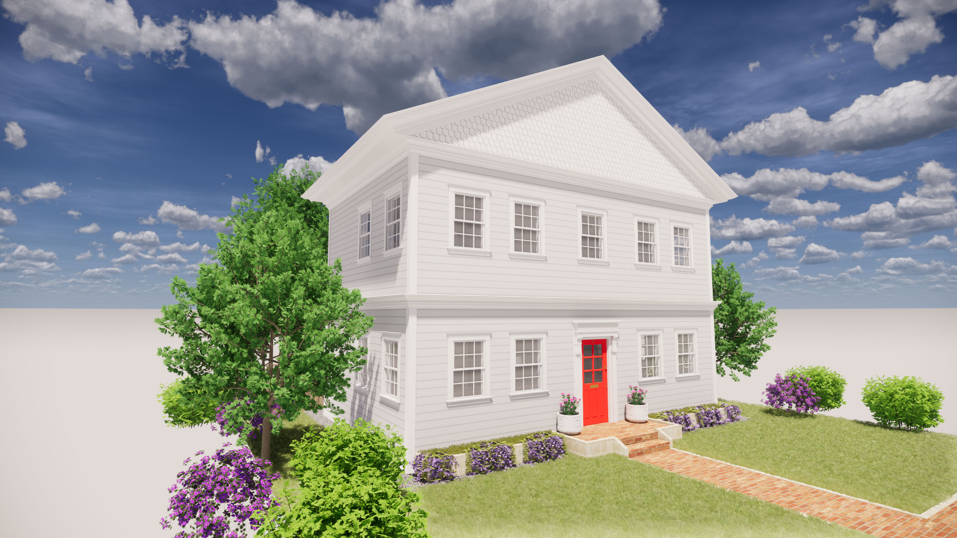 Render of two story style for colonial home at ground level perspective, with red front door and many windows.