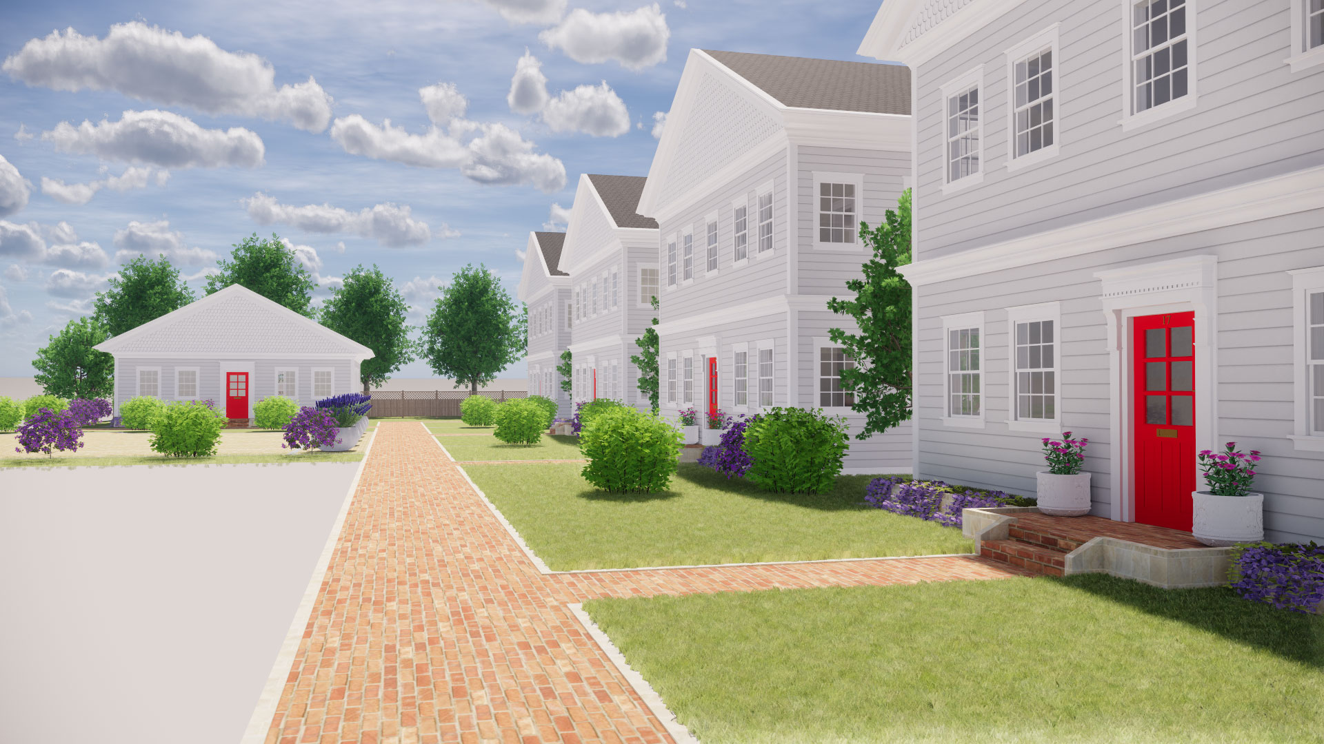 Closeup exterior render of line of 5 two- story houses along brick path, blue sky and clouds above.