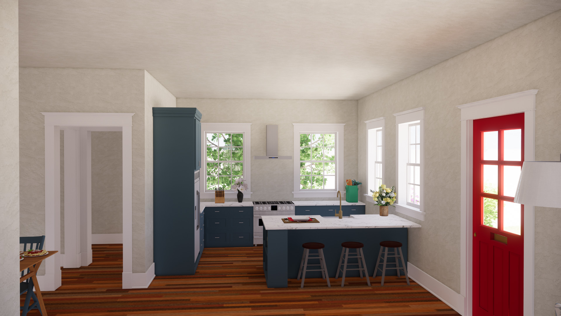 Interior render of two story style homes kitchen, with marbel countertops and gray-blue cabinets