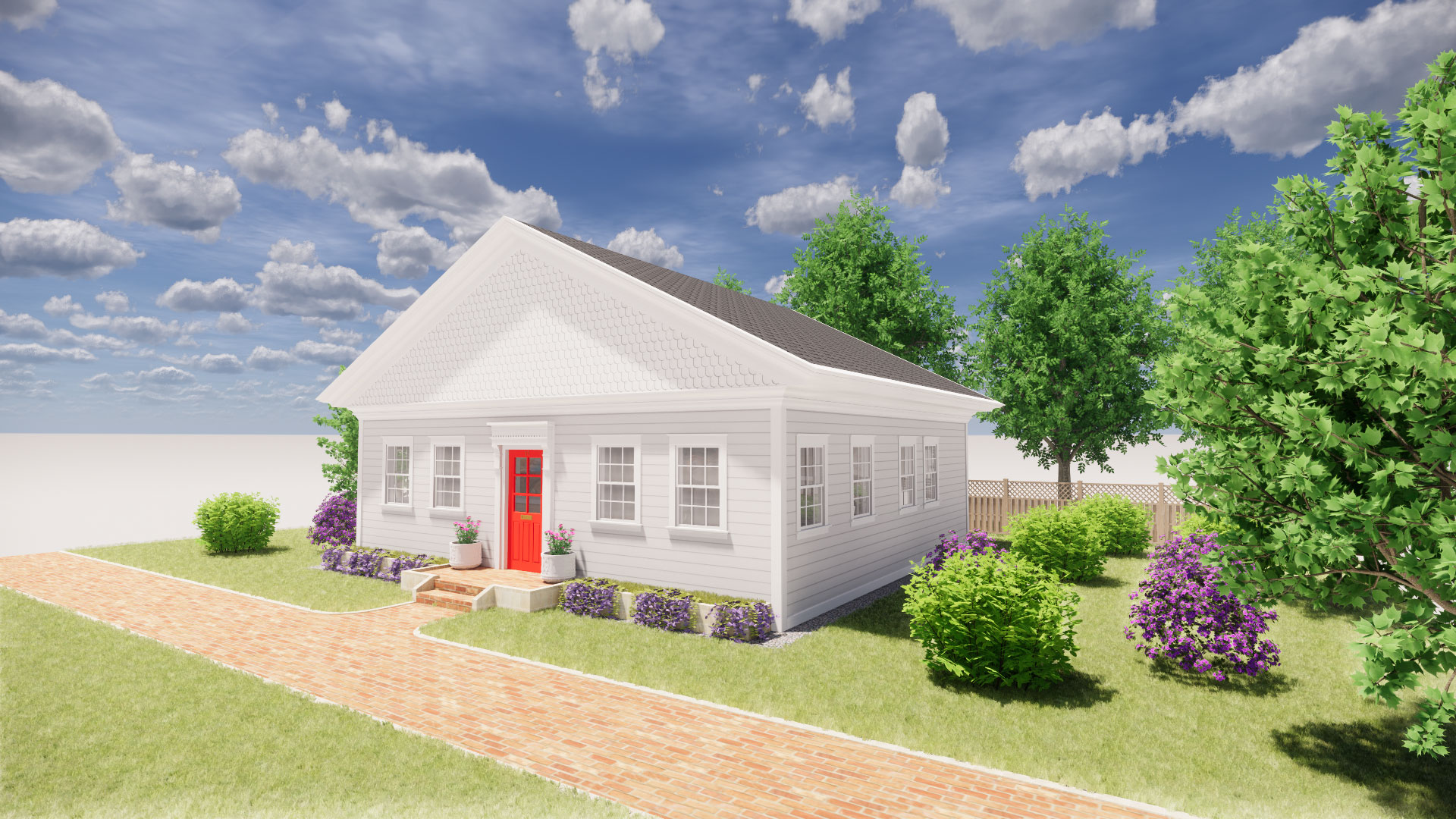 Exterior render of white colonial style houses with a red door and many windows.