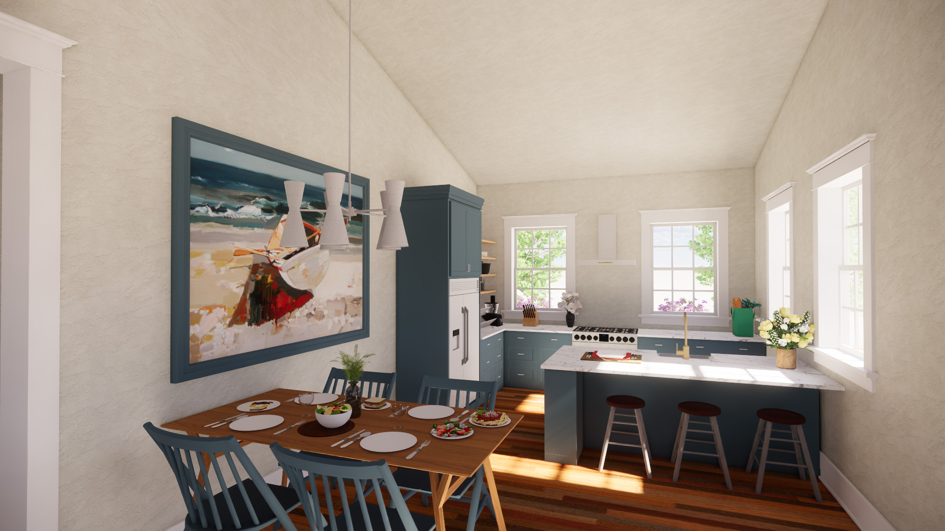 Interior render of kitchen, with full set dining table in foreground and countertop and appliances in back.
