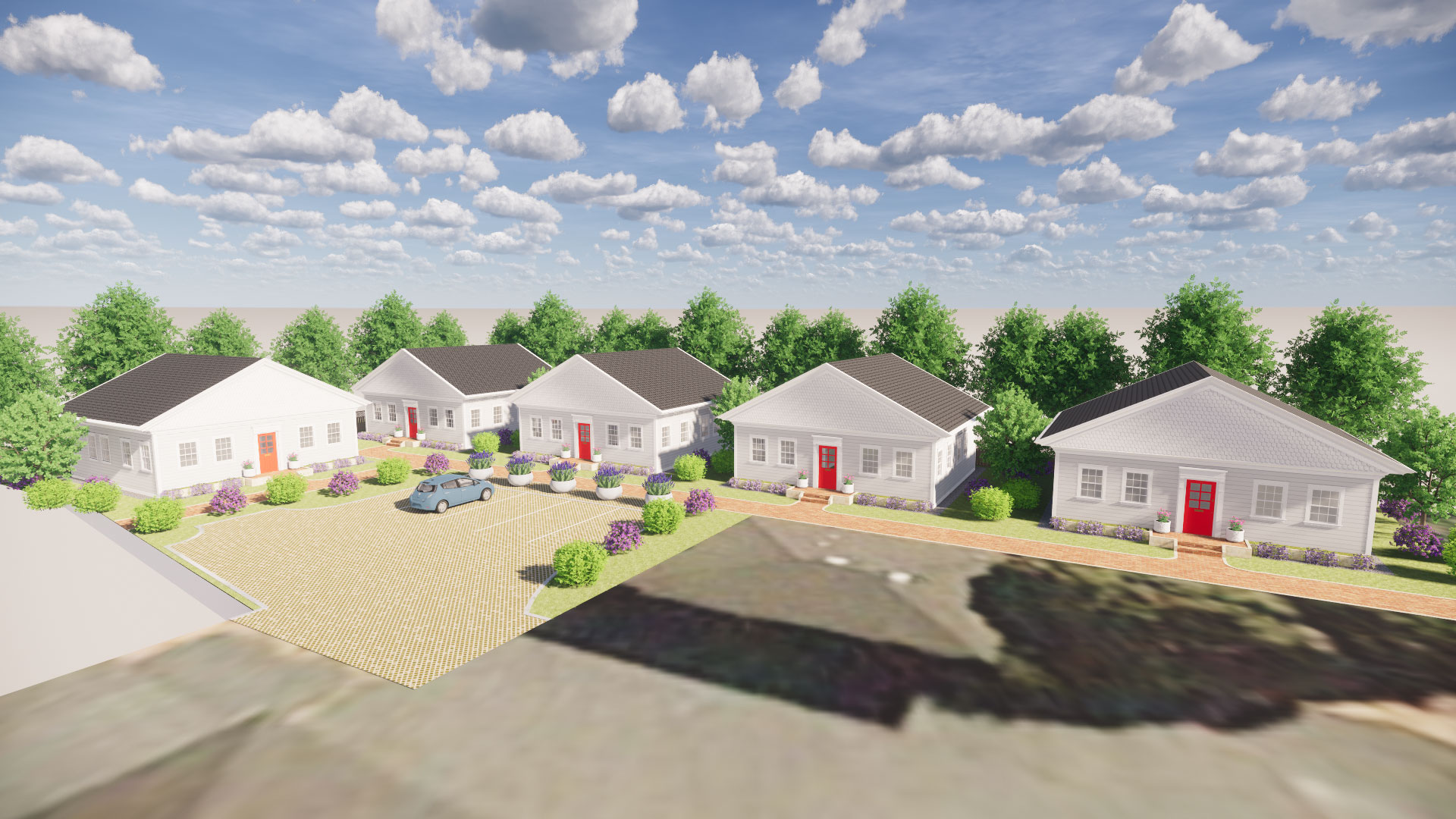 Exterior render of several colonial style homes along brick pathway and parking lot perimetered with bushes.