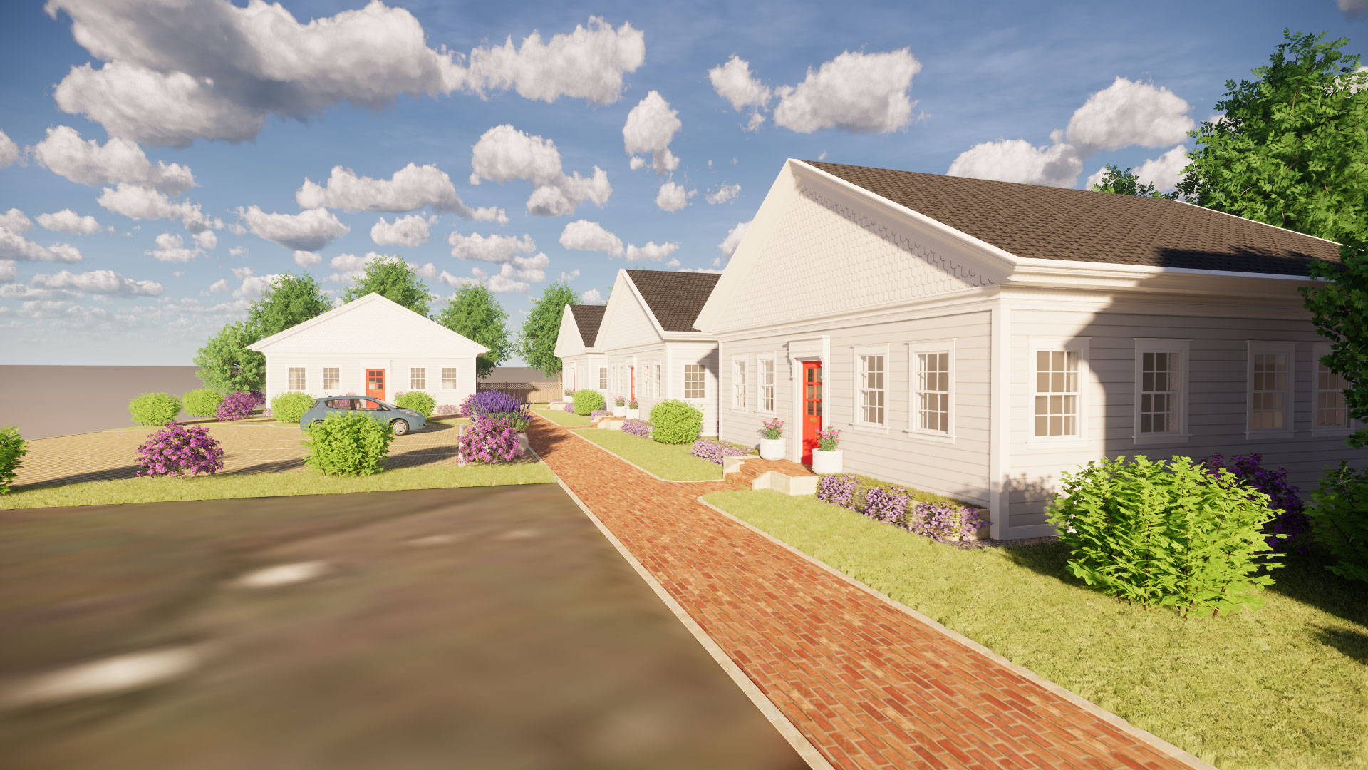 Closeup exterior render of line of 4 houses along brick path, blue sky and clouds above.
