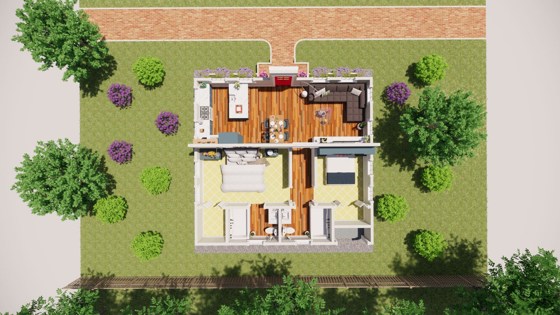 Floorplan of house, with kitchen and living area in front of building and two bedrooms and bathrooms in back.