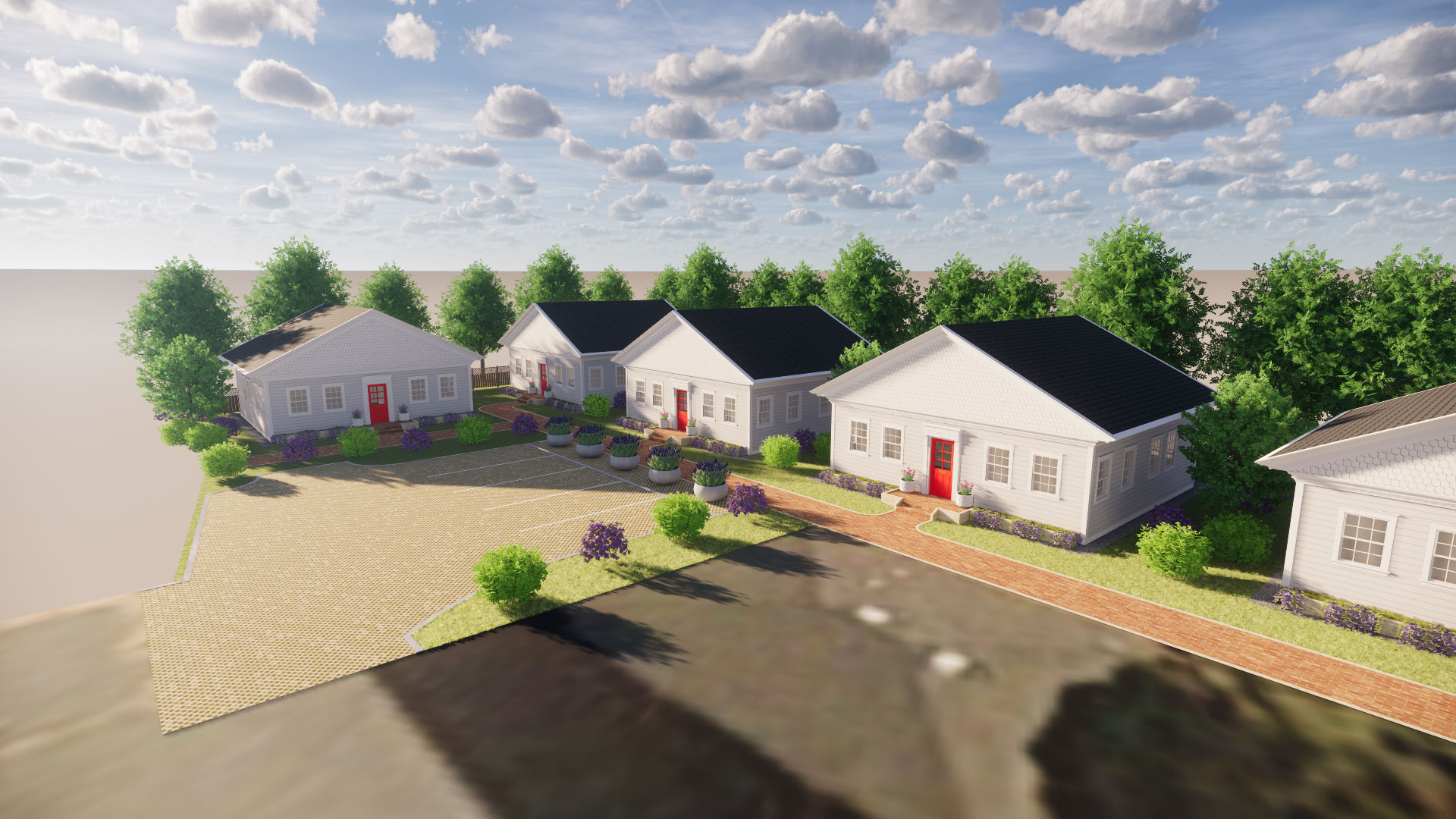 Exterior render at dusk of 4 colonial style homes along brick pathway and parking lot perimetered with bushes.