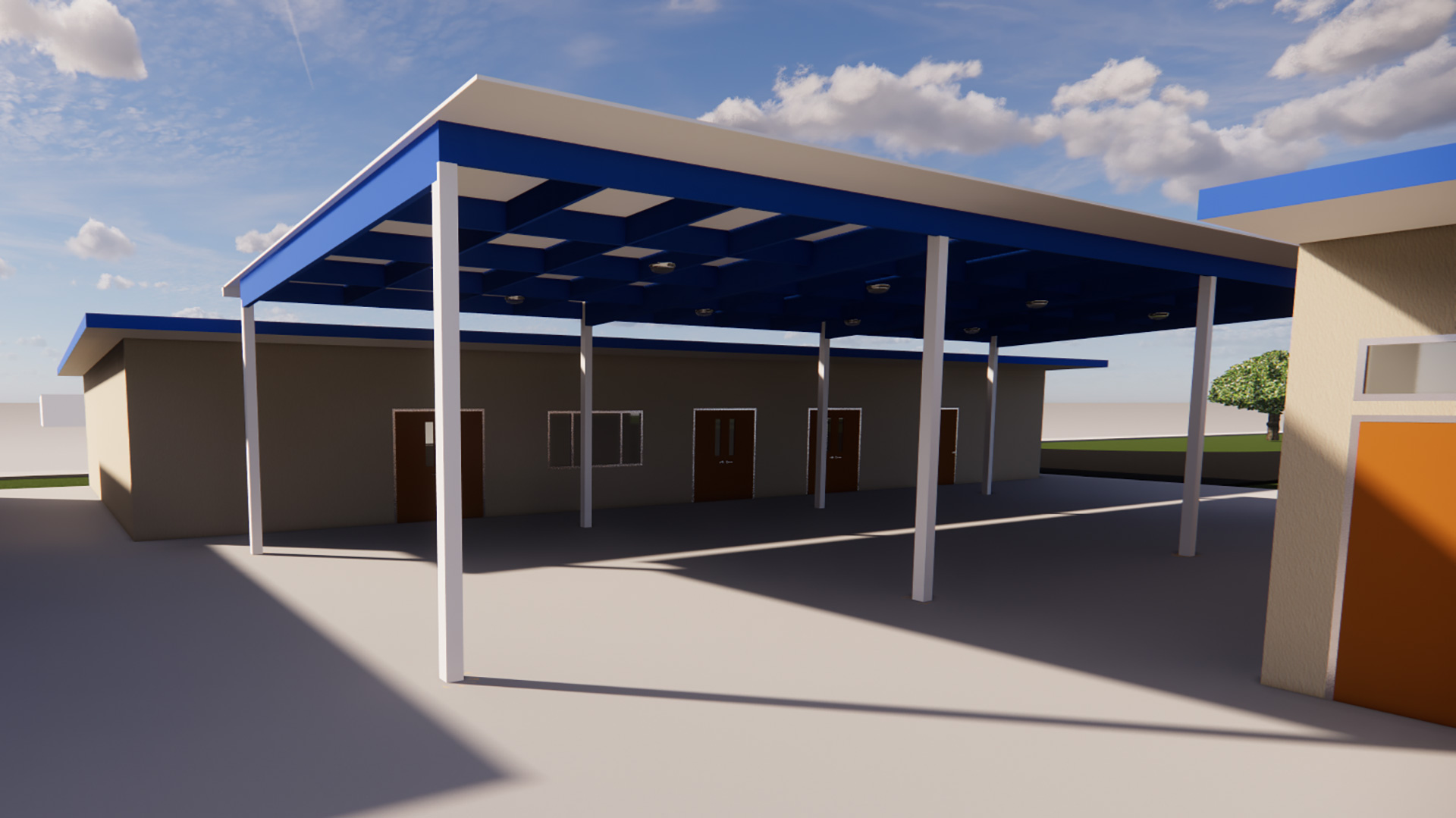 Early render of shade structure, with white poles and roof, with blue supports.