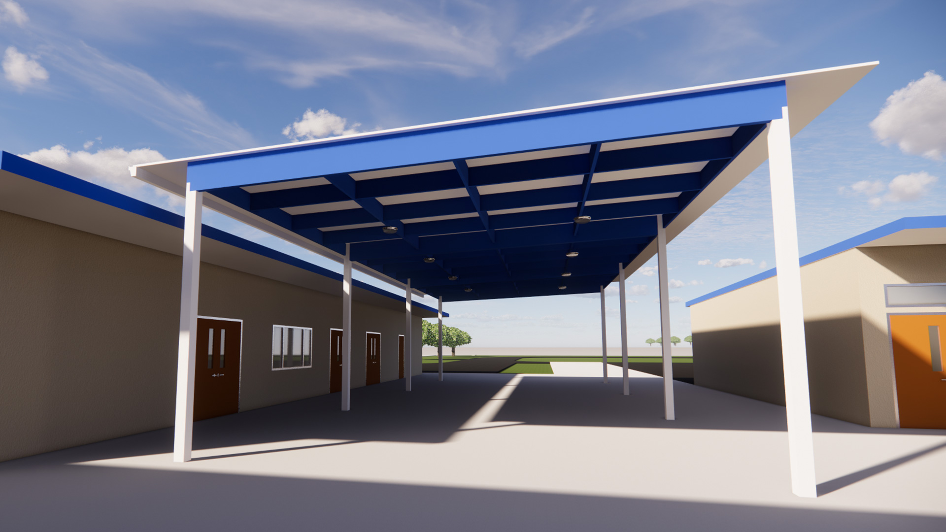 Early render of shade structure, with white poles and roof, with blue supports.