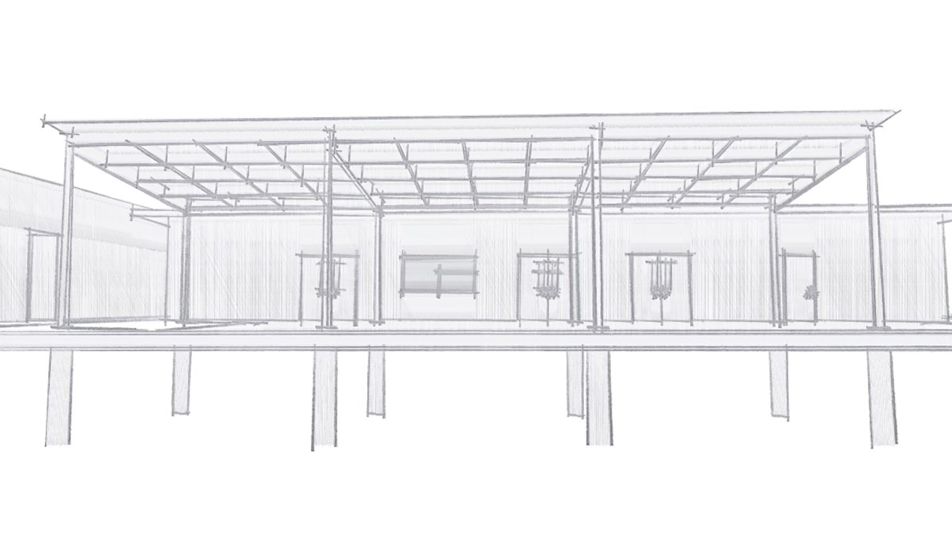 Black and white pencil sketch of shade structure in front of classrooms.
