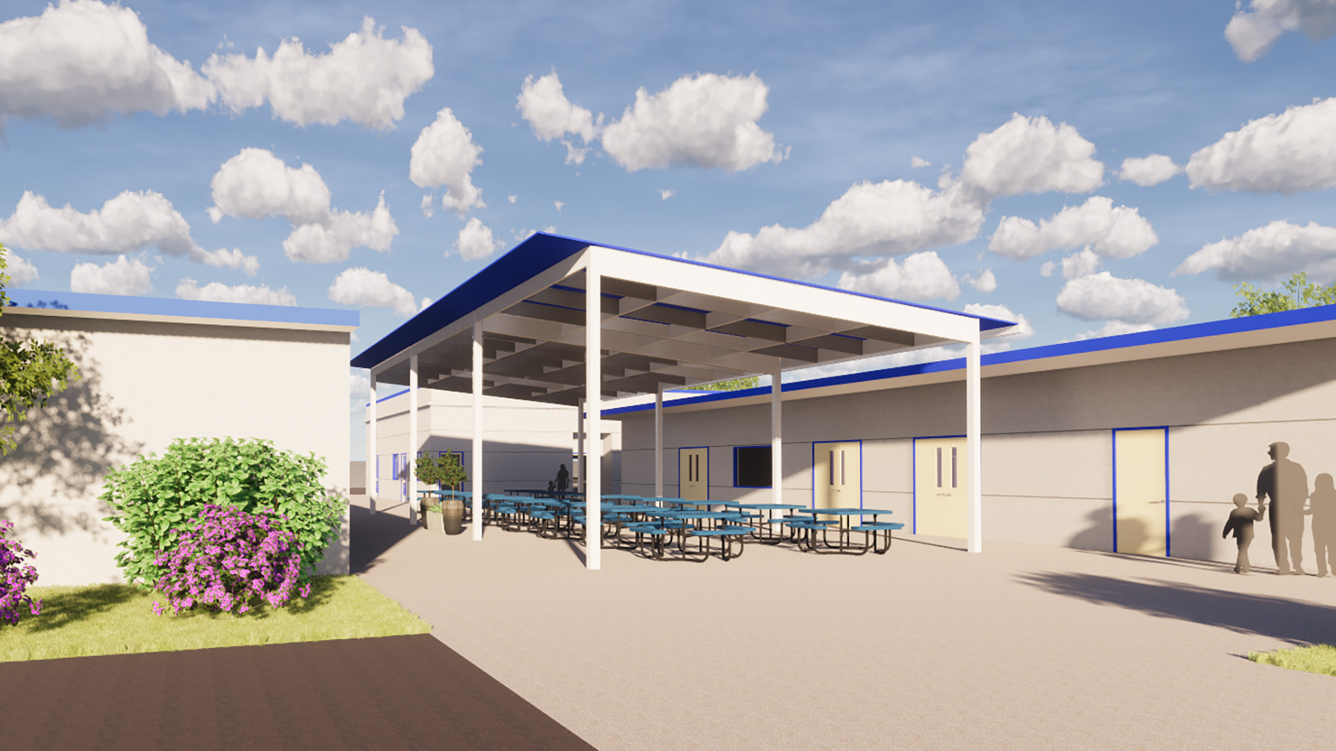 Early render of shade structure, with white poles and supports, with a blue roof, over lunch tables.