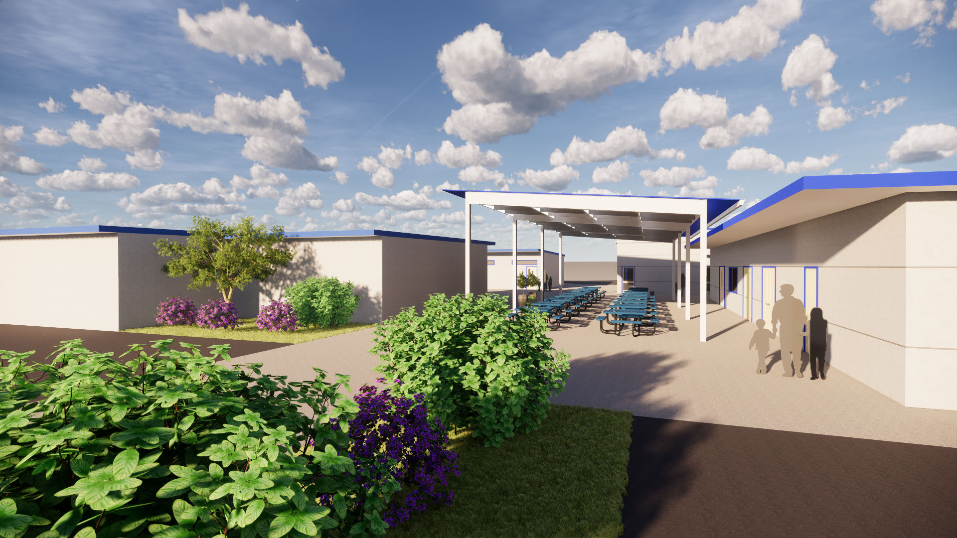 Early render of shade structure, with white poles and supports, with a blue roof, over lunch tables.