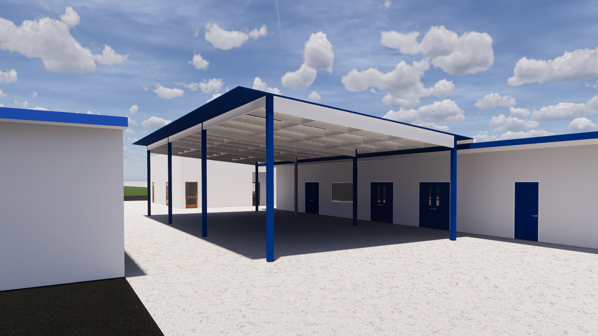 Early render of shade structure, with blue poles and roof, with a white roof.