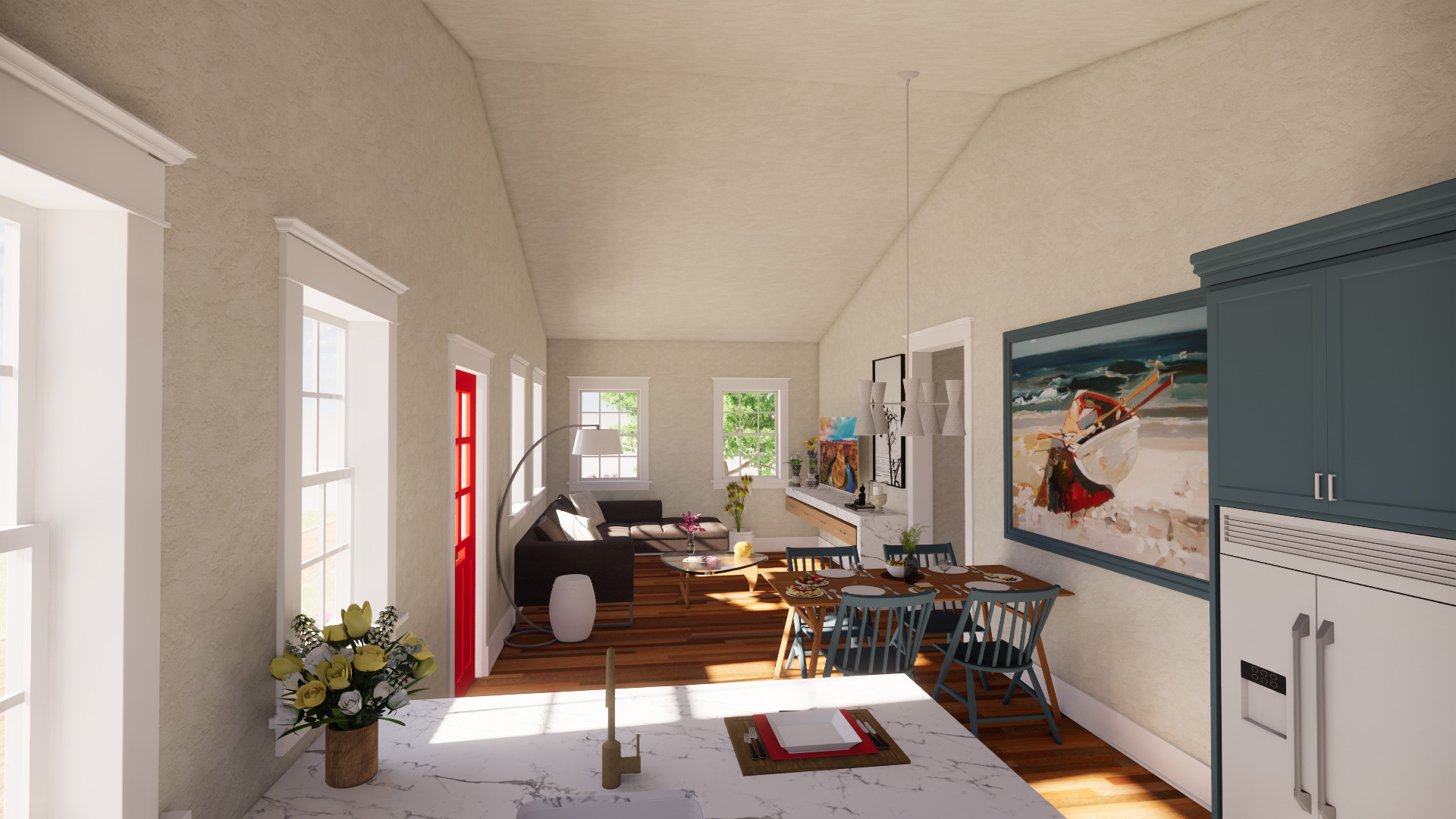 Interior render with white walls and vaulted ceiling, blue sofa in back and marble countertop in foreground.