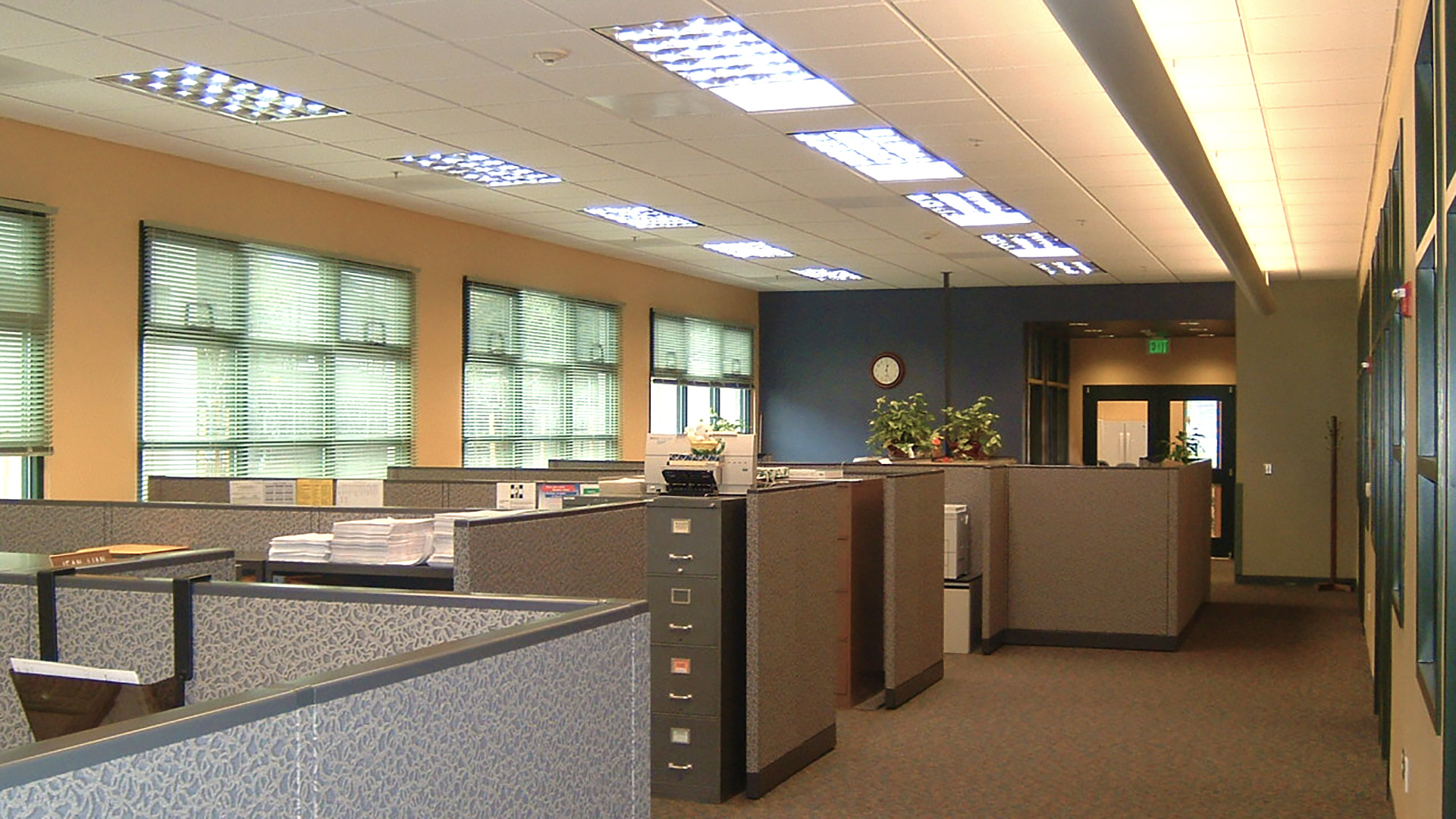 Interior of district office, with blue accent wall, windows, and cubicals.