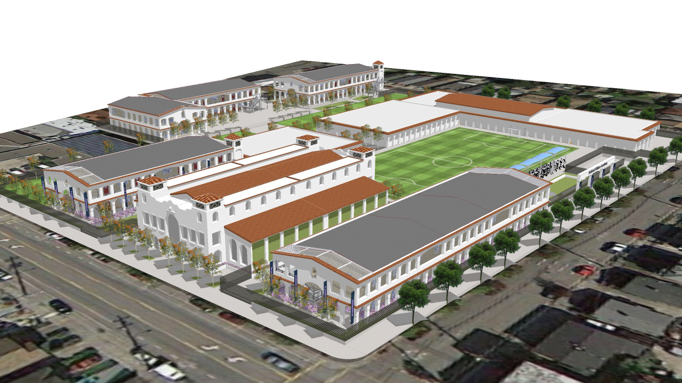 Campus rendering with several large buildings and a parade field.